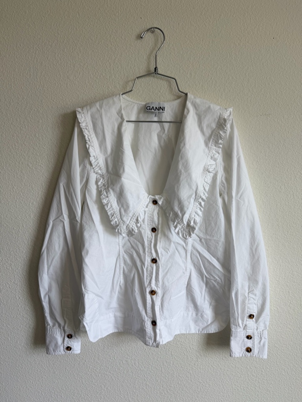 Ganni White Ruffle-Trim Button-Down Blouse